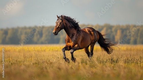Generate a visual narrative of horses exuding elegance as they trot gracefully across a field © Supasin