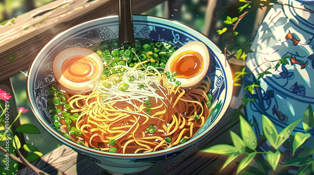 Naklejka premium anime manga noodle soup illustration, lofi vibes, food