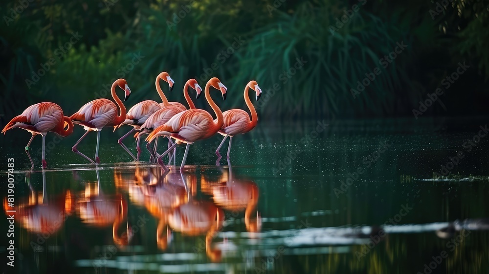 Naklejka premium A group of flamingo birds standing in a swamp. portrait of the beauty of natural animals