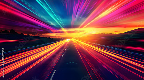 Vibrant light trails on an empty highway leading to a sunrise. abstract rainbow neon background isolated on white background, vintage, png 