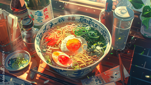 anime manga noodle soup illustration, lofi vibes, food
