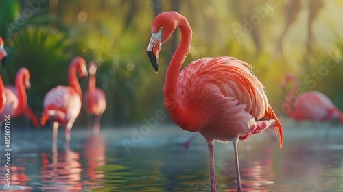 A group of flaminggo birds are looking for food on the water. flamingo bird with beautiful pink feathers