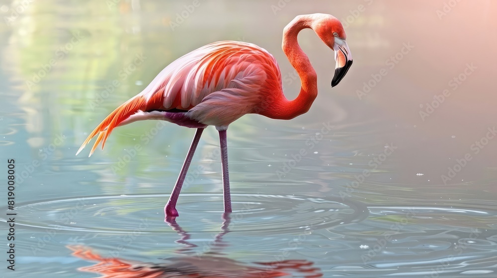 Obraz premium Portrait of a flamingo bird standing on the water focused on hunting fish