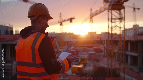 Engineer Overlooks Construction at Sunset