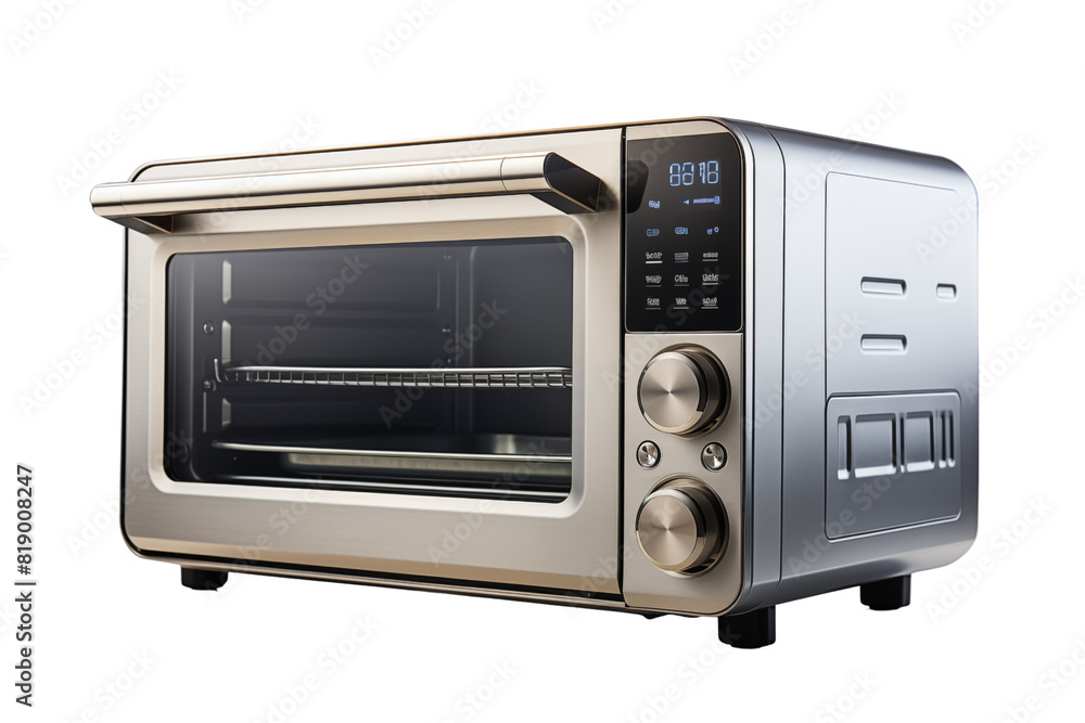 A silver toaster oven with its door opened, ready for use A silver toaster oven with its door opened, ready for use