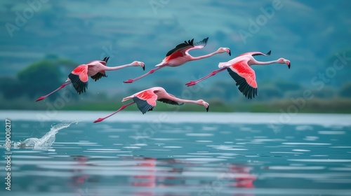 Flock of pink flamingos in flight, majestic and serene.