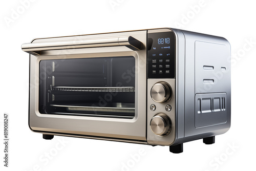 A silver toaster oven with its door opened, ready for use