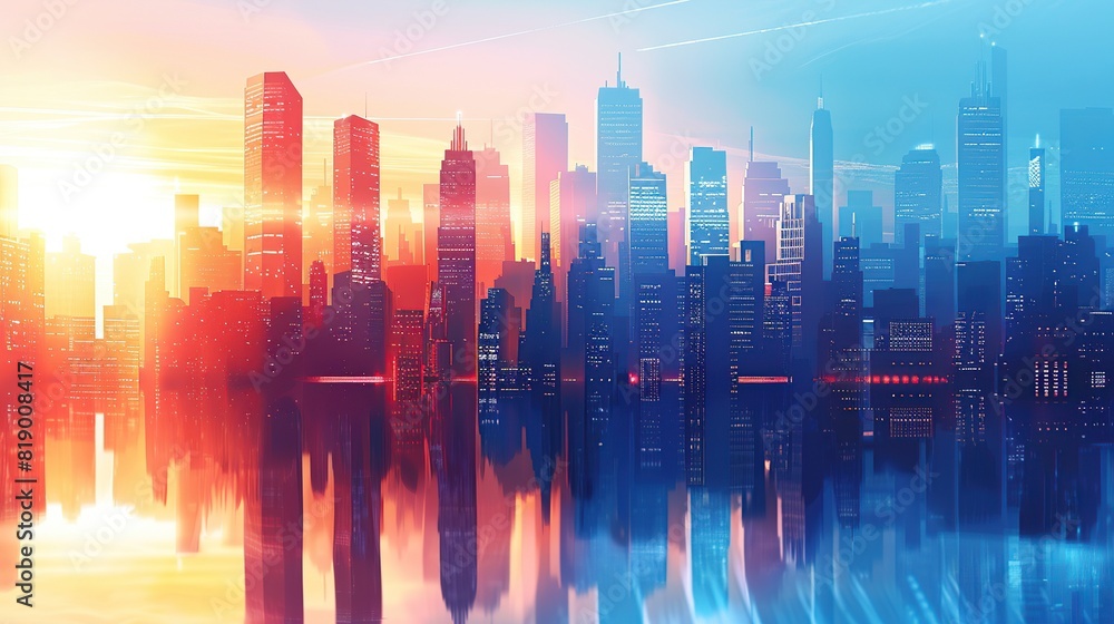 Picture of modern skyscrapers of a smart city, futuristic financial district with buildings and reflections , blue color background for corporate and business template with warm sun rays of ligh 