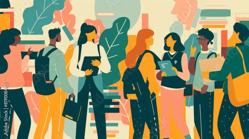 Flat design illustration of students participating in a school activity, highlighting academic life in a minimalist style photo