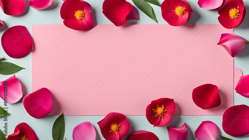 a pink paper surrounded by pink petals and leaves a pink paper surrounded by pink petals and leaves