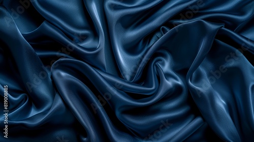 Beautiful dark blue silk satin background with soft folds on shiny fabric, luxury background with space for design, web banner, flat lay, top view