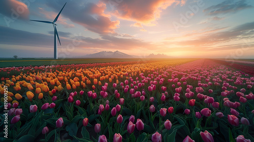 Sunset over tulip fields and wind turbines #819009257
