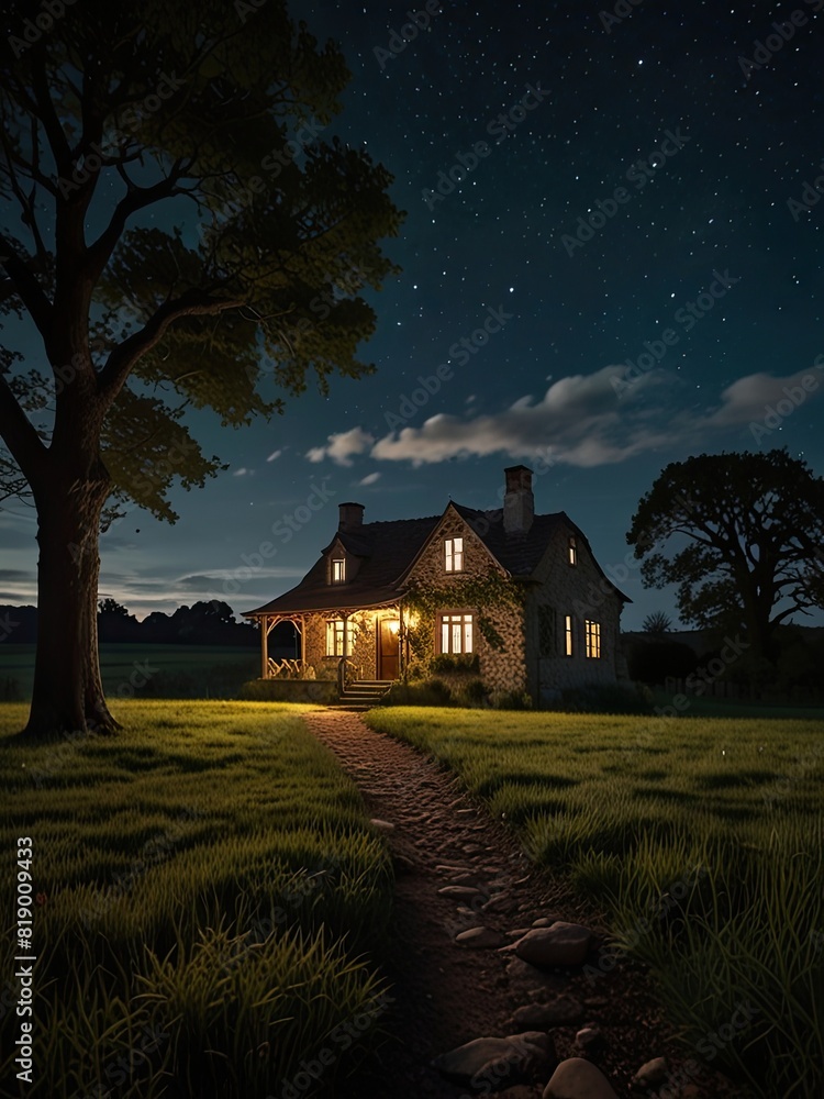 Dark city landscape with houses bathed in moonlight under a starry night sky Dark city landscape with houses bathed in moonlight under a starry night sky