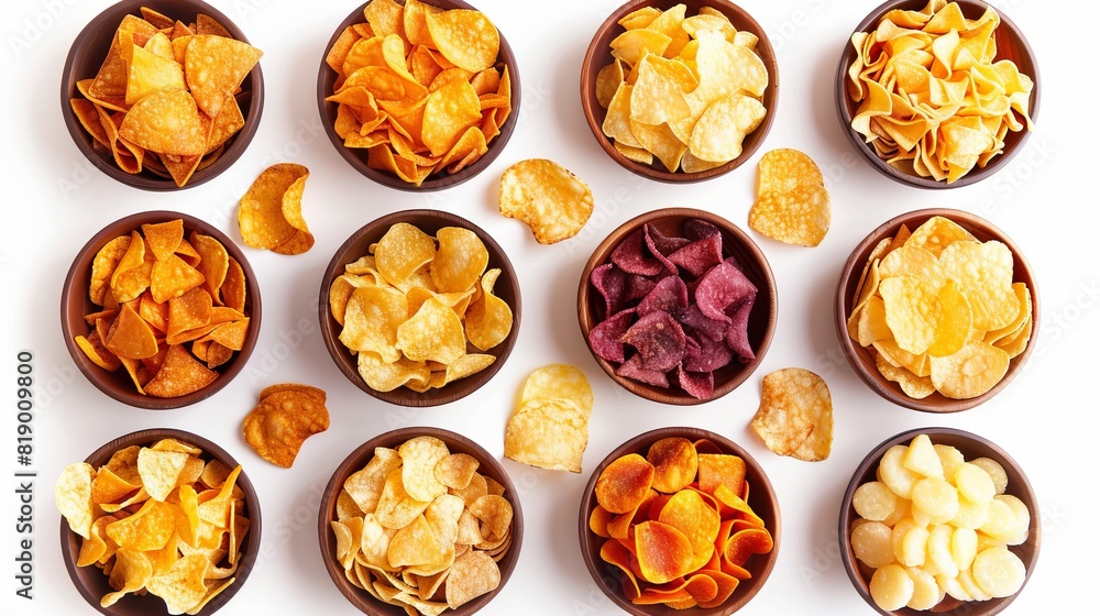 Collection of various flavored potato chips in bowls, isolated on a white background, top view Collection of various flavored potato chips in bowls, isolated on a white background, top view