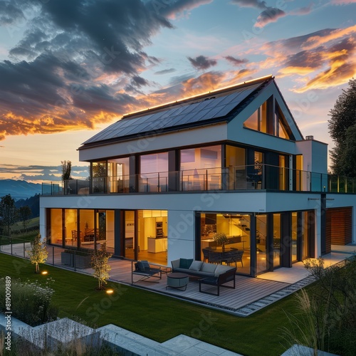 A modern house equipped with solar panels showcases the future of green energy, blending cutting-edge technology with ecological sustainability at sunset.