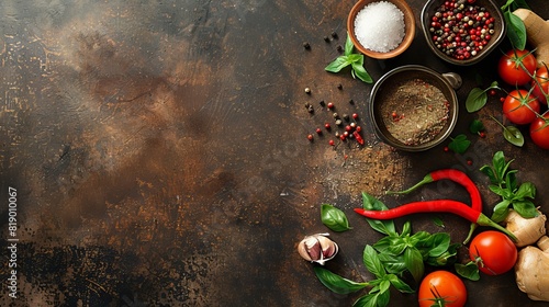 Cooking banner with spices and vegetables on a background, top view, with free space for text