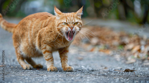 angry aggressive cat on the city street dangerous and may be infected. Rabies concept