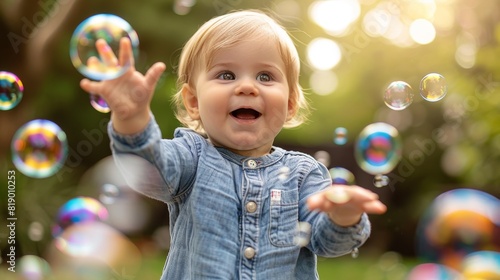 Baby boy trying to catch soap bubbles, playful backyard setting, colorful bubbles floating in the air, laughter and fun