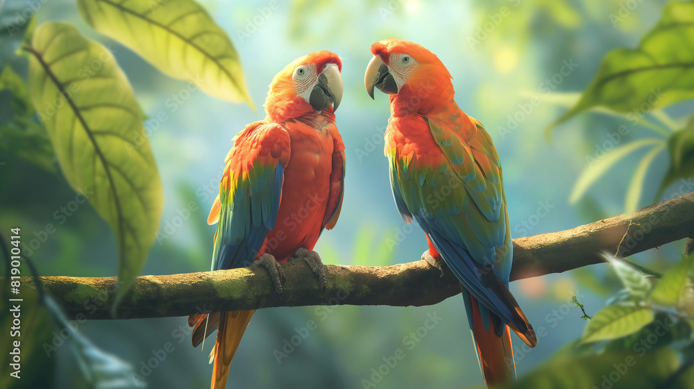 a pair of parrots on a tree branch a pair of parrots on a tree branch