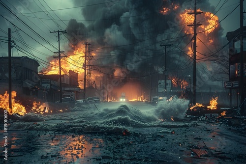 Intense Urban Disaster Scene with Raging Flames Thick Smoke and Widespread Destruction from Power Failure and Extreme Weather