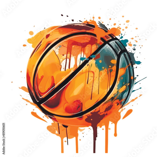 Graffiti style drawn orange color basketball ball pattern background illustration with colorful doodle splashes, splatters. Isolated painted basketball ball on white background. Sports trendy design