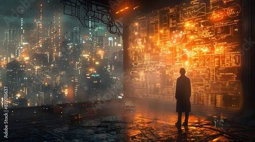 Lone figure observing a futuristic,cyberpunk-inspired cityscape at night,with towering skyscrapers,glowing neon lights,and billowing smoke from