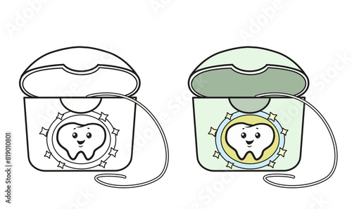 Coloring page floss with cartoon tooth isolated on a white background