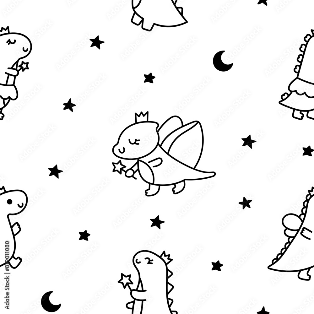 Funny cute girls dinosaurs. Seamless pattern. Coloring Page. Kawaii baby dino princess character. Hand drawn style. Vector drawing. Design ornaments. Funny cute girls dinosaurs. Seamless pattern. Coloring Page. Kawaii baby dino princess character. Hand drawn style. Vector drawing. Design ornaments.