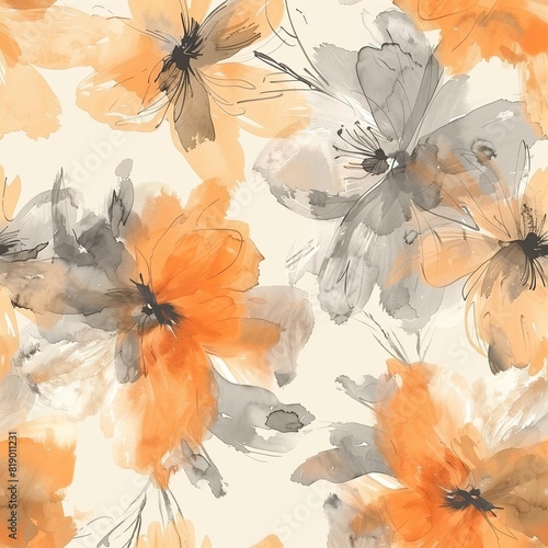 Watercolor Floral Pattern with Light Orange and Gray Flowers on Beige Background