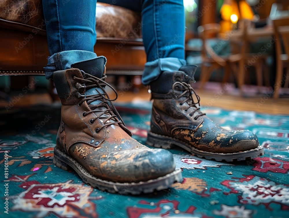 Weathered Leather Boots on a Patterned Hardwood Floor with a Vintage Rug Weathered Leather Boots on a Patterned Hardwood Floor with a Vintage Rug