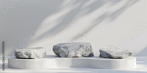 White background three stone podiums of different heights made from natural light gray rocks front view mockup style 3D rendering minimalism high resolution photography studio lighting soft shadows