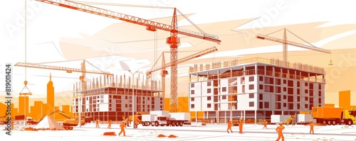 A construction site with cranes and workers, building two modern buildings in the background in the style of m profundrapic. photo