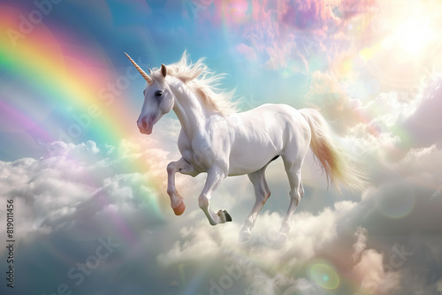 white unicorn running on the rainbow in the sky