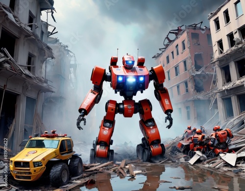 An imposing rescue robot navigates through a demolished urban area, representing the role of robotics in disaster response.. AI Generation