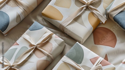 Elegant wrapping paper with soft, muted colors and minimalist geometric shapes