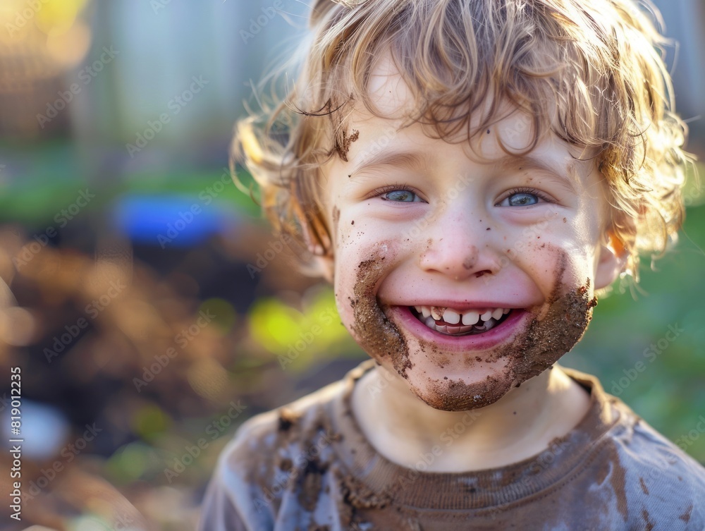 Smiling child with a face covered in mud, playing outdoors Smiling child with a face covered in mud, playing outdoors