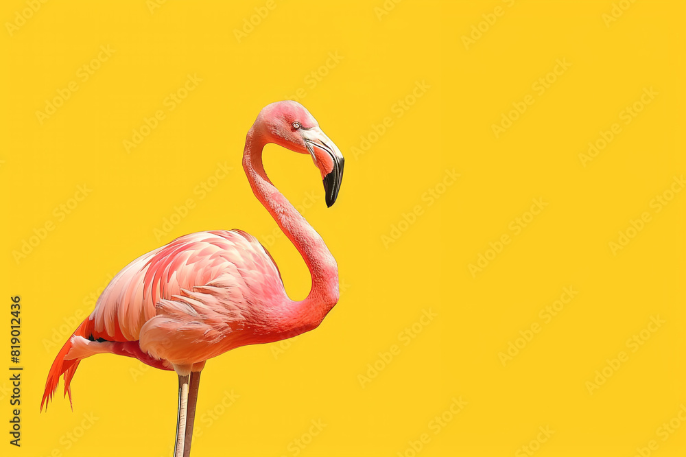 Fototapeta premium Beautiful pink flamingo on a yellow background