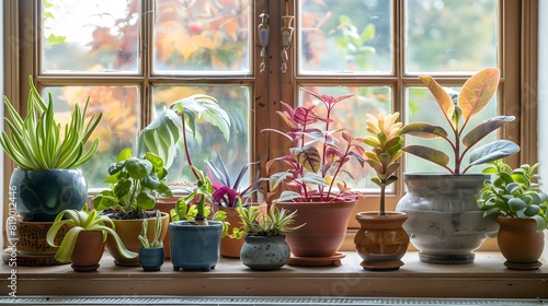 A collection of exotic houseplants in beautiful ceramic pots on a windowsill