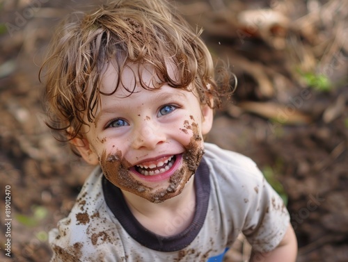Smiling child with a face covered in mud, playing outdoors photo