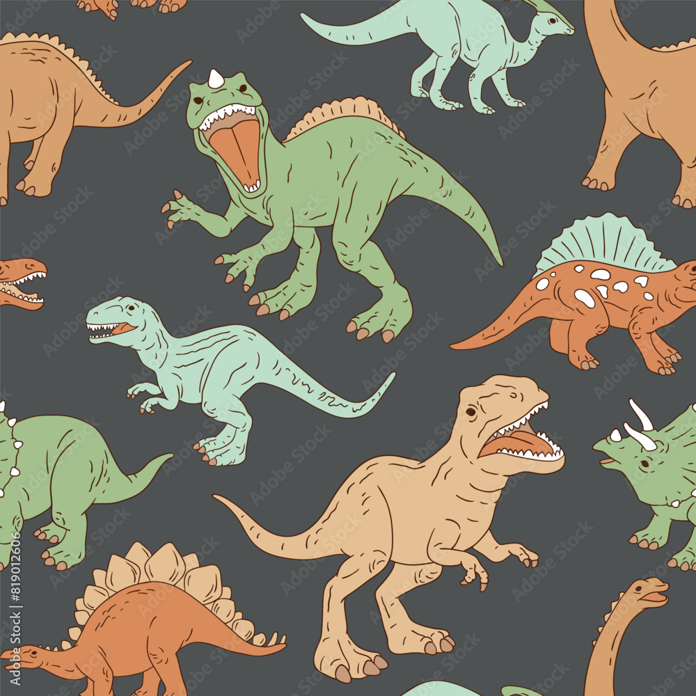 Obraz premium Hand drawn seamless vector pattern with dinosaurs. Perfect for fabric, wallpaper, wrapping paper or nursery decor.