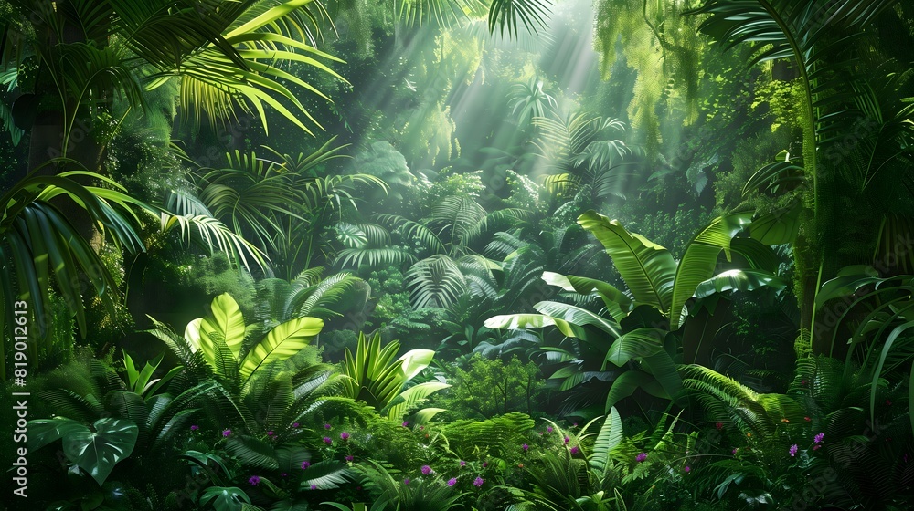 A tropical rainforest with dense foliage and vibrant plants