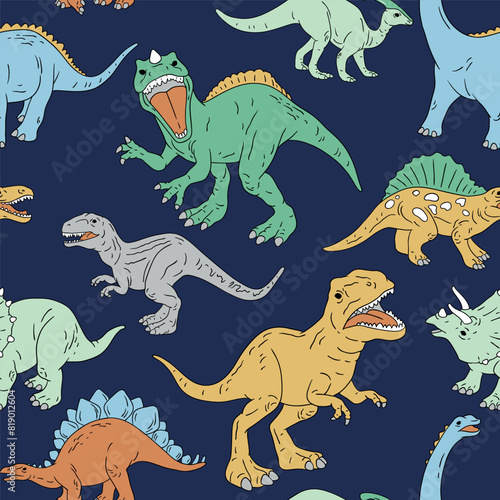 Hand drawn seamless vector pattern with dinosaurs. Perfect for fabric, wallpaper, wrapping paper or nursery decor.
