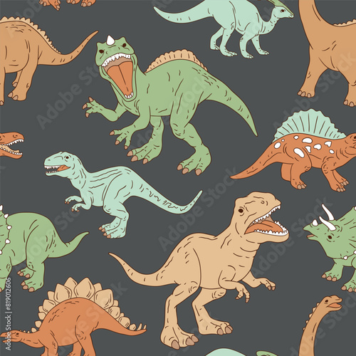 Hand drawn seamless vector pattern with dinosaurs. Perfect for fabric  wallpaper  wrapping paper or nursery decor.