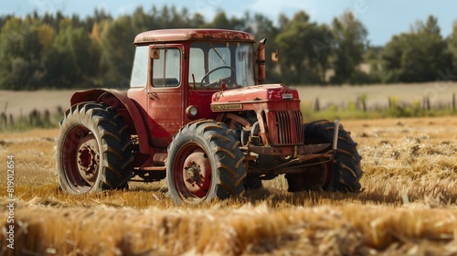 A vintage tractor parked in a field of freshly harvested hay