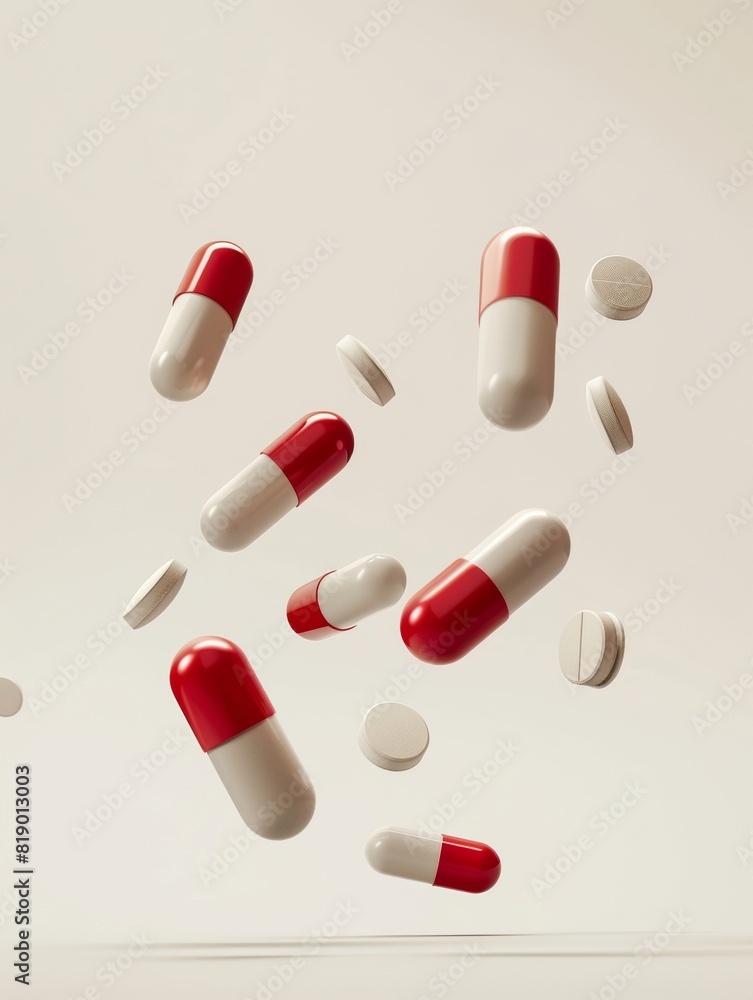Cinematic pills falling through the air, captured in motion Cinematic pills falling through the air, captured in motion