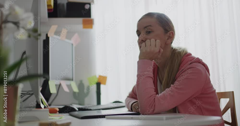 A woman in a pink hoodie appears bored and tired while working remotely from her home desk in the late afternoon. A woman in a pink hoodie appears bored and tired while working remotely from her home desk in the late afternoon.