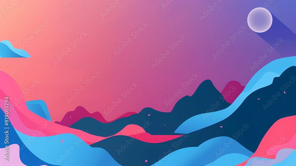 A vibrant digital artwork with moon over stylized mountains A vibrant digital artwork with moon over stylized mountains