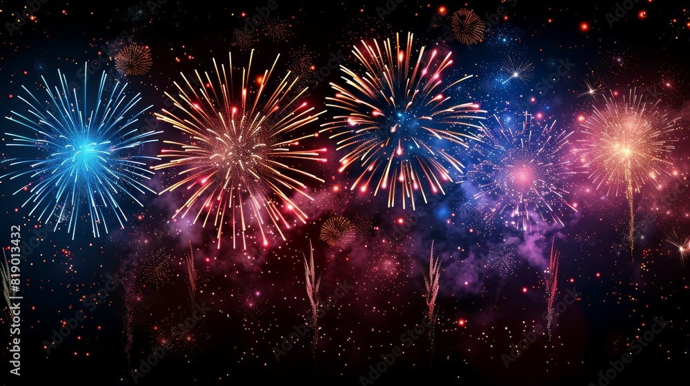 Fototapeta premium A photorealistic image of a vibrant fireworks display illuminating the night sky with a dazzling array of colors and shapes, perfect for Independence Day celebrations and summer events.