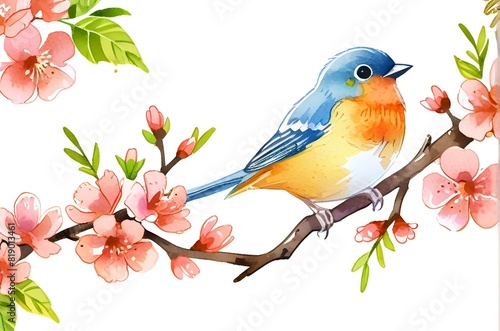 Watercolor illustration of a beautiful songbird on a branch of blooming flowers. Generative AI