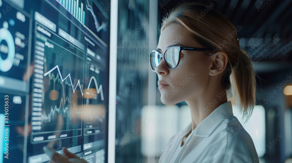 Businesswoman analyzing market data with virtual tools Businesswoman analyzing market data with virtual tools